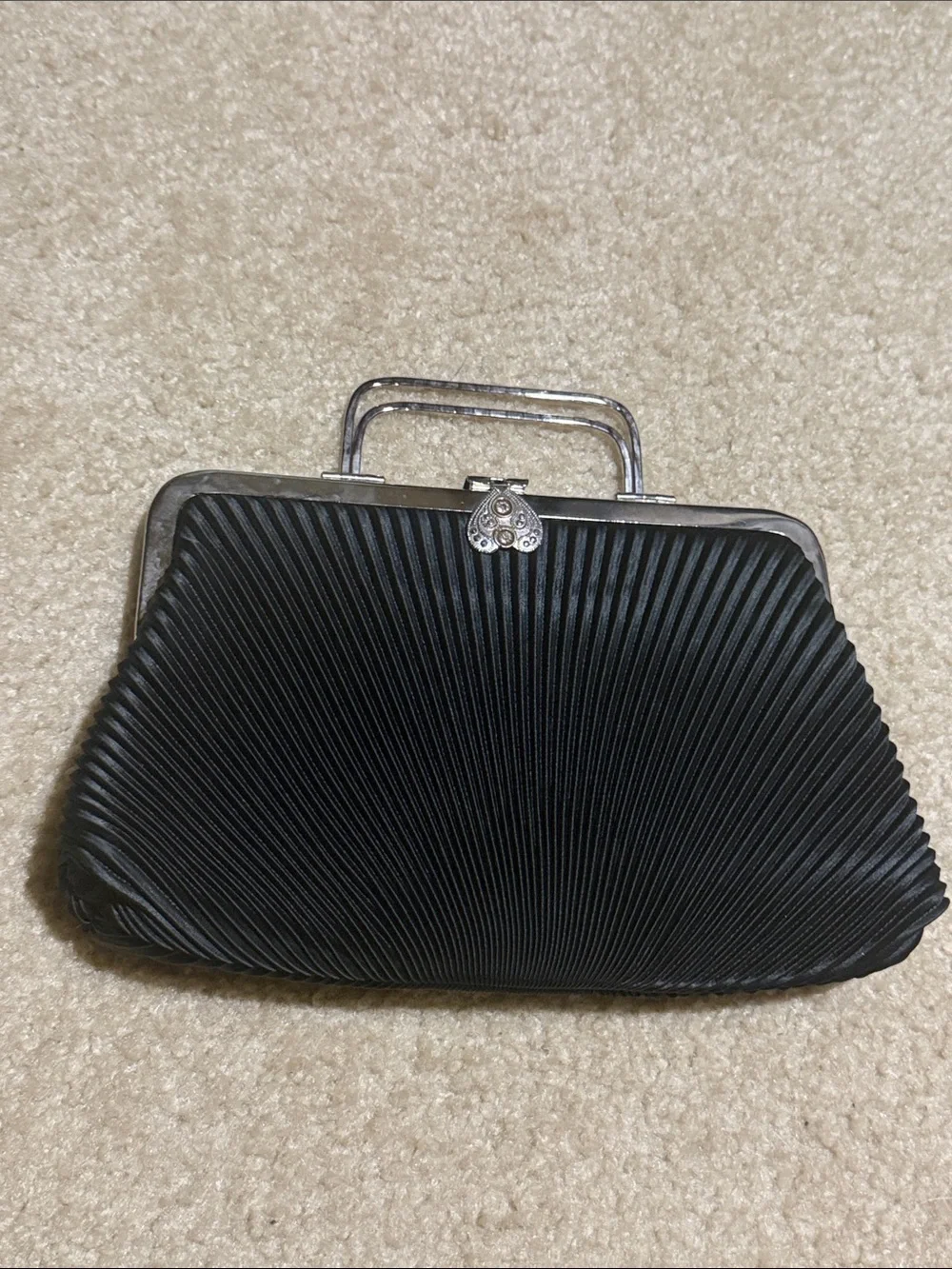 La Regale Black Pleated Frame Wristlet Clutch with Silver Hardware